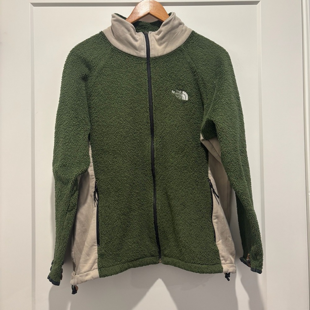 The North Face Osito Fleece Jacket Womens XL Green Tan Full Zip High Pile Soft